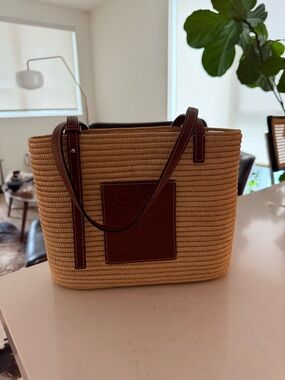 Loewe Natural Straw Tote with Brown Leather Trim